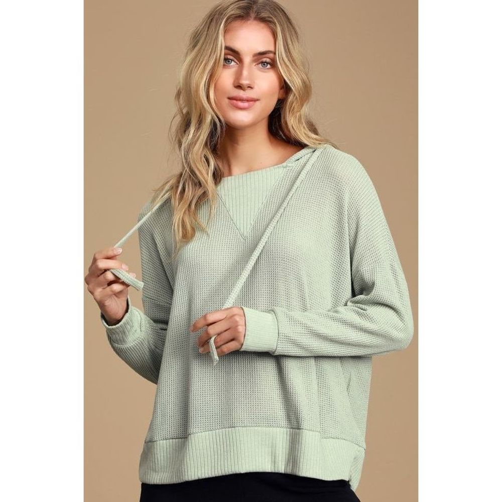 Lulus Getting Warmer Sage Green Knit Hooded Sweater Top - Size S